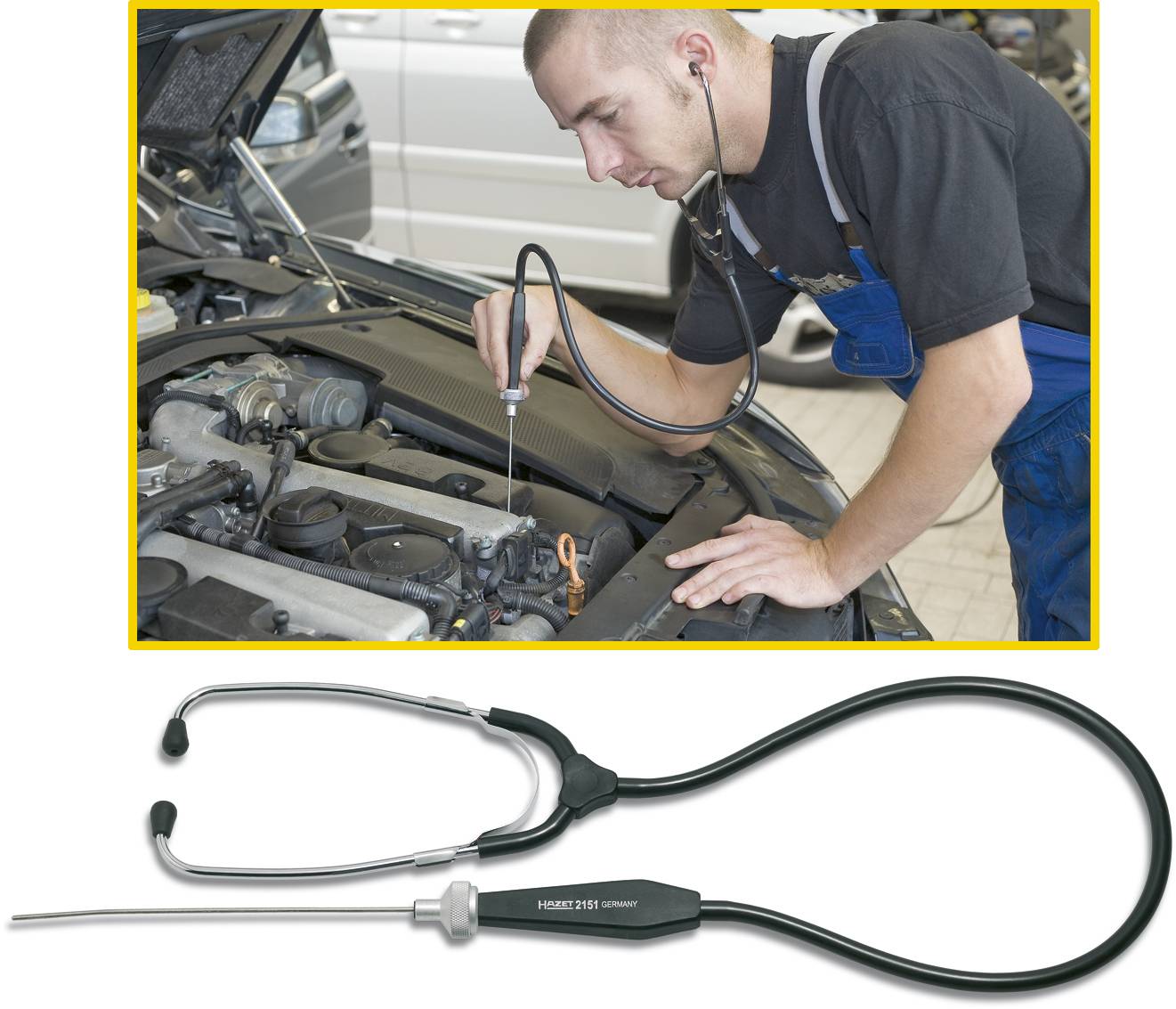 Un mécanicien en salopette bleue utilise un stéthoscope automobile pour diagnostiquer un moteur. En dessous, une image du stéthoscope.