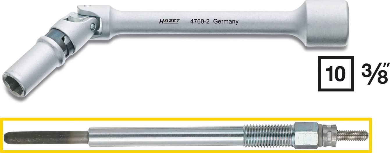 Deux outils : en haut, un adaptateur de rallonge Hazet 4760-2 avec articulation, en bas, une longue tige filetée, tous deux dans un environnement neutre.