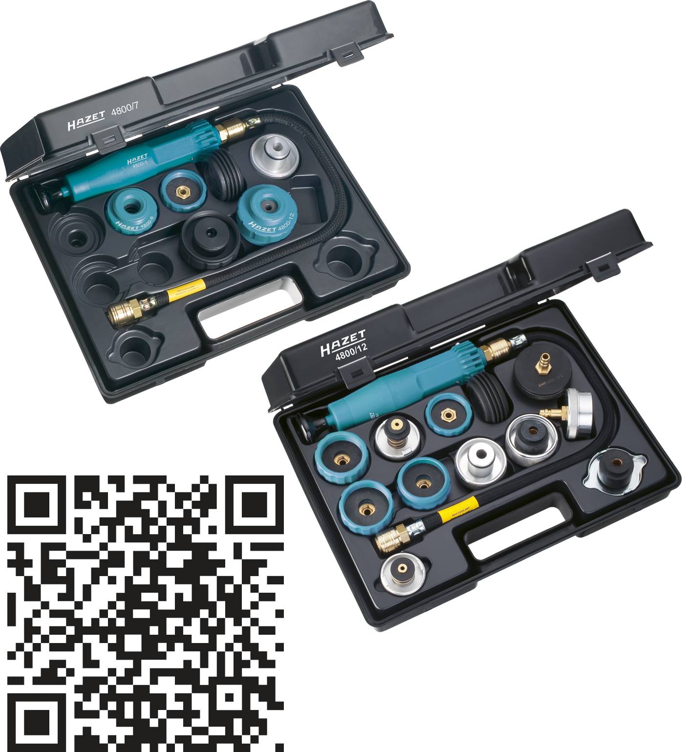 Deux mallettes à outils ouvertes contenant divers outils et adaptateurs bleus et noirs, avec un code QR en bas à gauche.