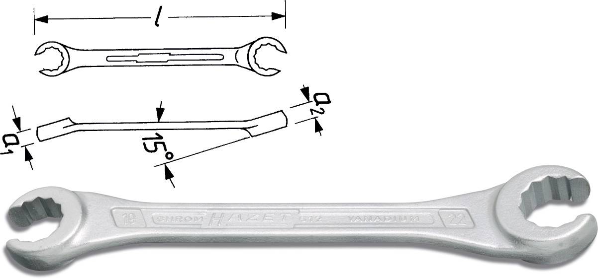 'Clé à double vis avec des dessins techniques en haut à gauche. Montre les dimensions, les angles et la forme de l'outil.'