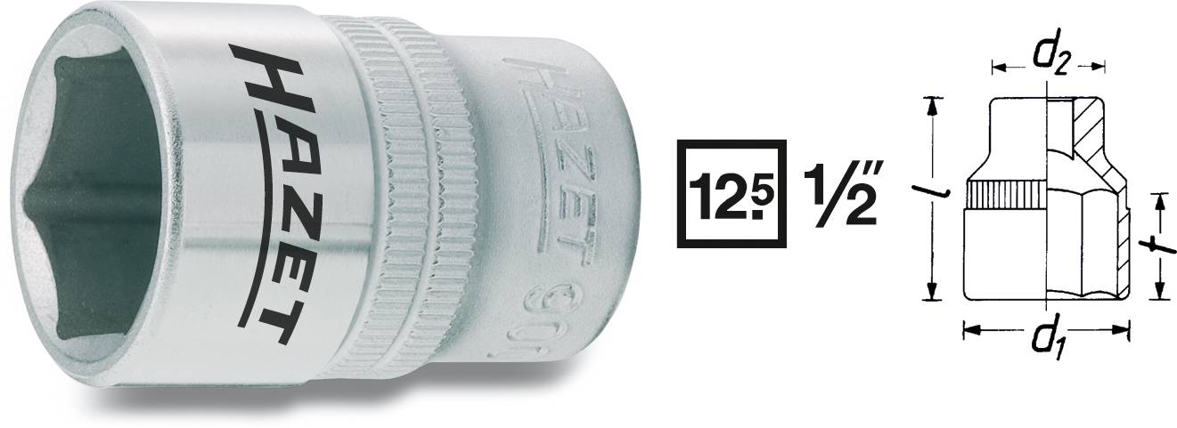 Clé à douille 'HAZET', taille 12,5 ou 1/2 pouce. À gauche, illustration de la clé à douille, à droite, dessin technique avec dimensions.