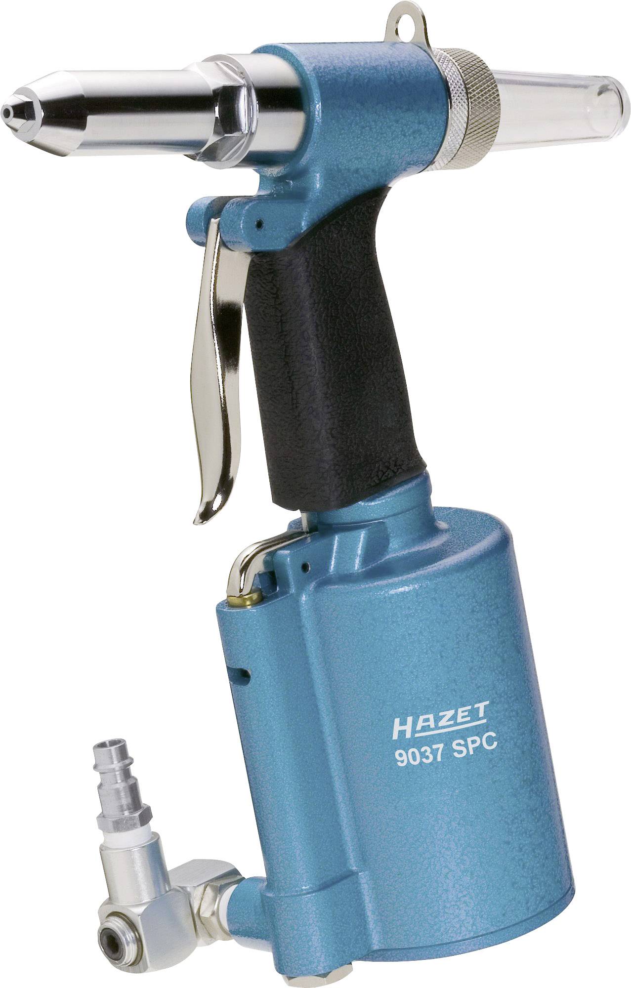 Un outil de rivetage pneumatique bleu de la marque Hazet, modèle 9037 SPC, avec une poignée noire et une gâchette argentée.