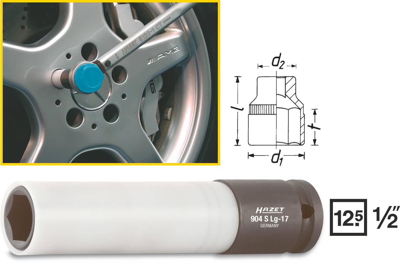 'Nuss Hazet 904 S Lg-17' serre le boulon de roue sur un pneu de voiture. À droite, un dessin technique et des détails sur les dimensions. Citation : '12,5 1/2'.
