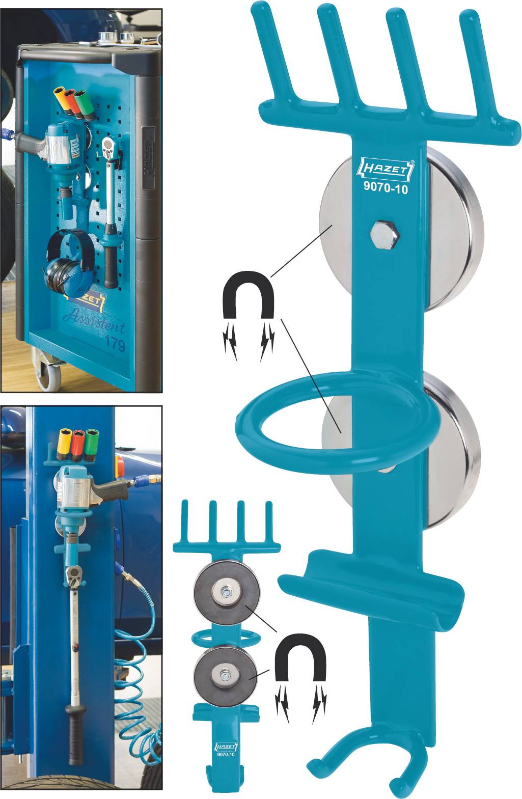 Ensemble de supports d'outils avec aimants pour fixation murale ; permet de ranger et de garder à portée de main des outils tels que des tournevis ou des marteaux dans les ateliers.