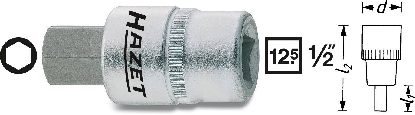 Un embout de clé à douille HAZET avec un entraînement de 12,5 mm (1/2 pouce), vue secondaire avec dessin technique, montrant un profil hexagonal.