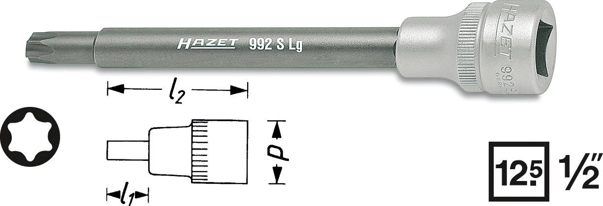 Douille à profil Torx T55, indiquant les dimensions et le profil, marque 'Hazet', taille '1/2 pouces', adaptée aux systèmes d'entraînement de 12,5 mm.