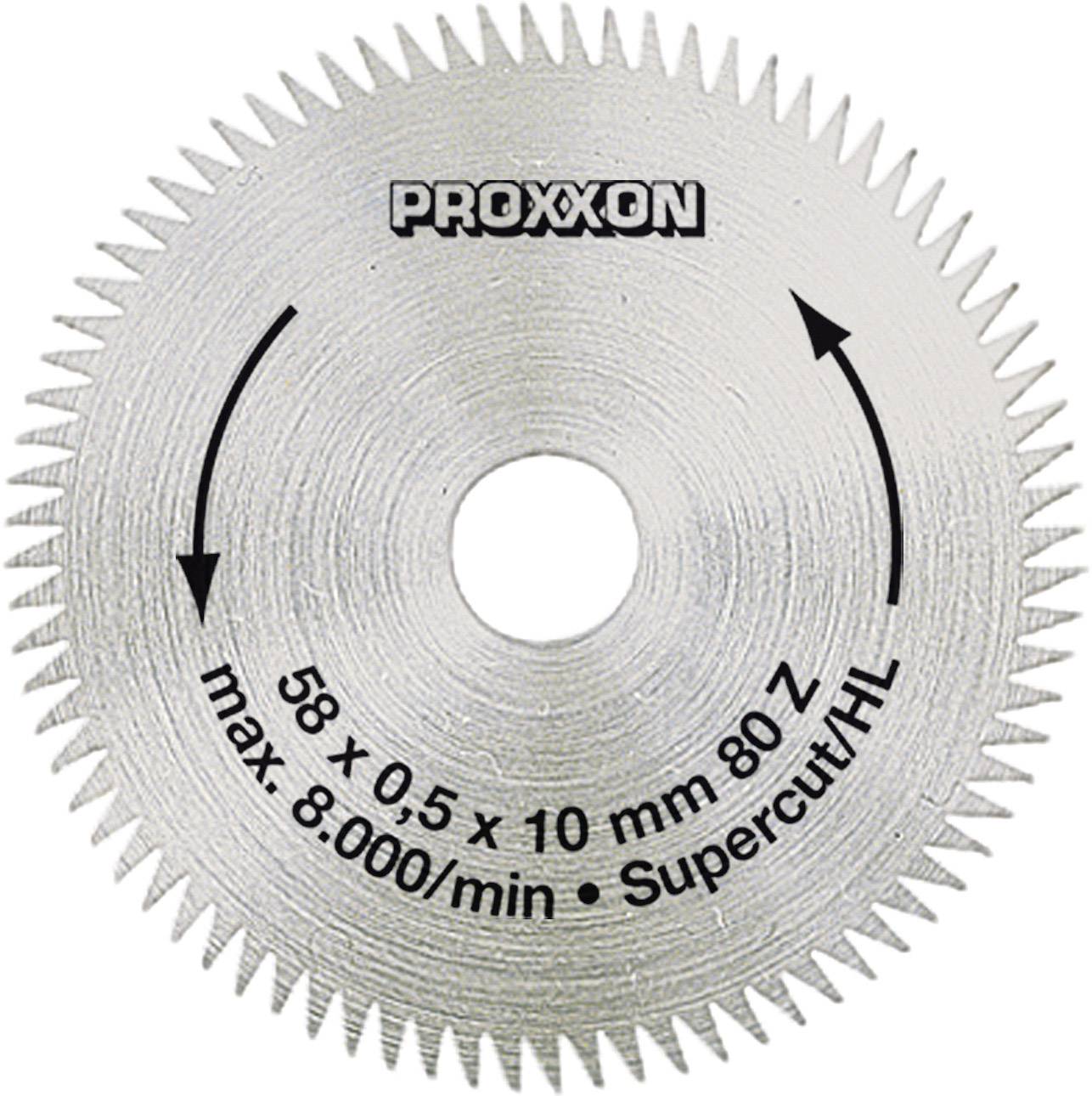 Lame de scie circulaire portant l'inscription 'Proxxon', 58 x 0,5 x 10 mm, 80 dents, vitesse max. 8 000 tr/min, Supercut/HL, indiquant le sens de rotation par des flèches.