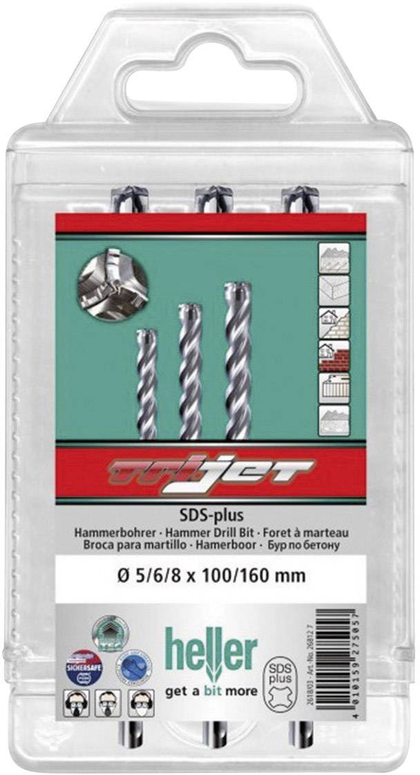 Foret de rechange avec SDS-plus pour marteau-perforateur, taille Ø 5/6/8 x 100/160 mm, emballage montrant trois forets hélicoïdaux sur fond rouge.