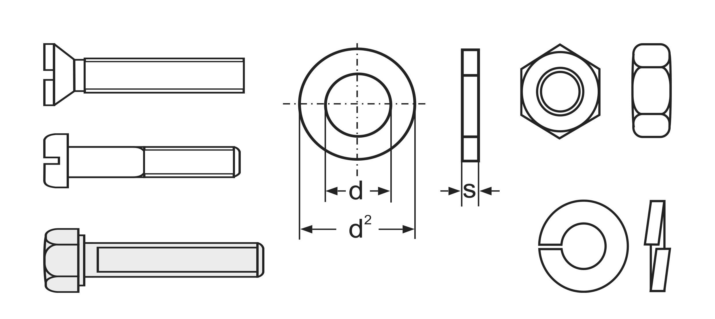 Dessin technique de vis et d'écrous sous différentes vues et tailles, avec annotations indiquant le diamètre et la longueur du filetage.
