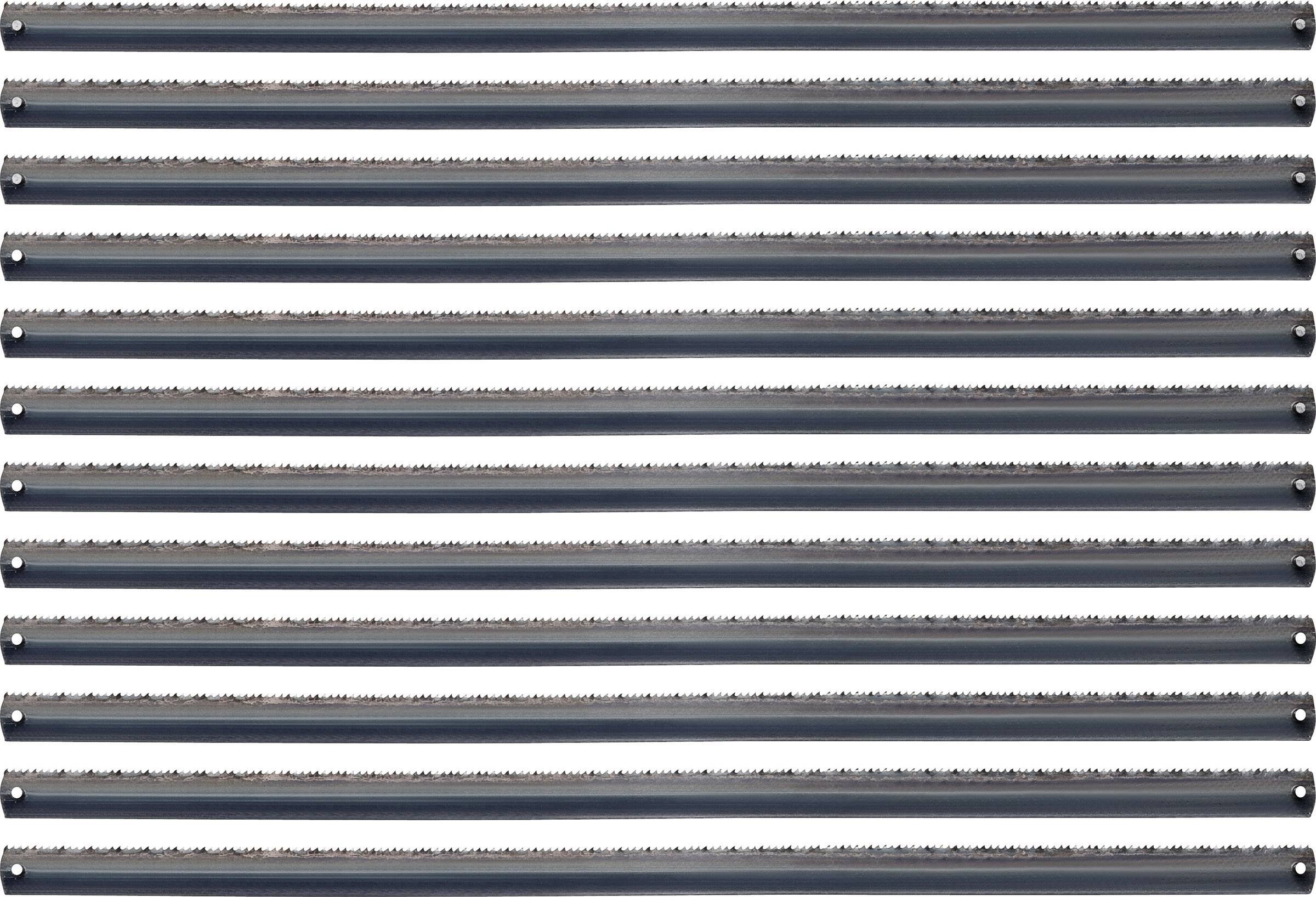Douze bandes métalliques disposées parallèlement, aux bords dentelés, probablement des lames de scie, sur un fond clair.