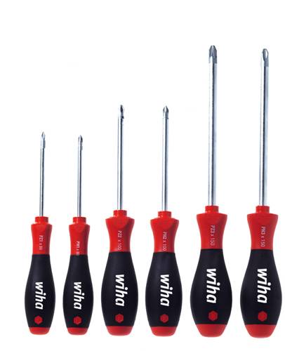 Six tournevis avec des manches noirs et des extrémités rouges, triés en deux groupes selon leur taille. Nom de marque 'wiha' sur les manches.