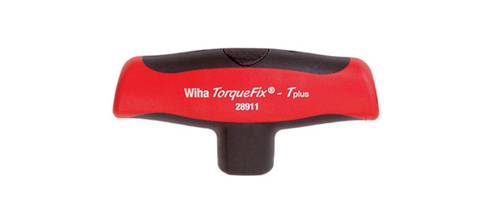 'Clé dynamométrique à poignée rouge, portant l'inscription Wiha TorqueFix Tplus 28911, ergonomiquement conçue pour une application précise.'