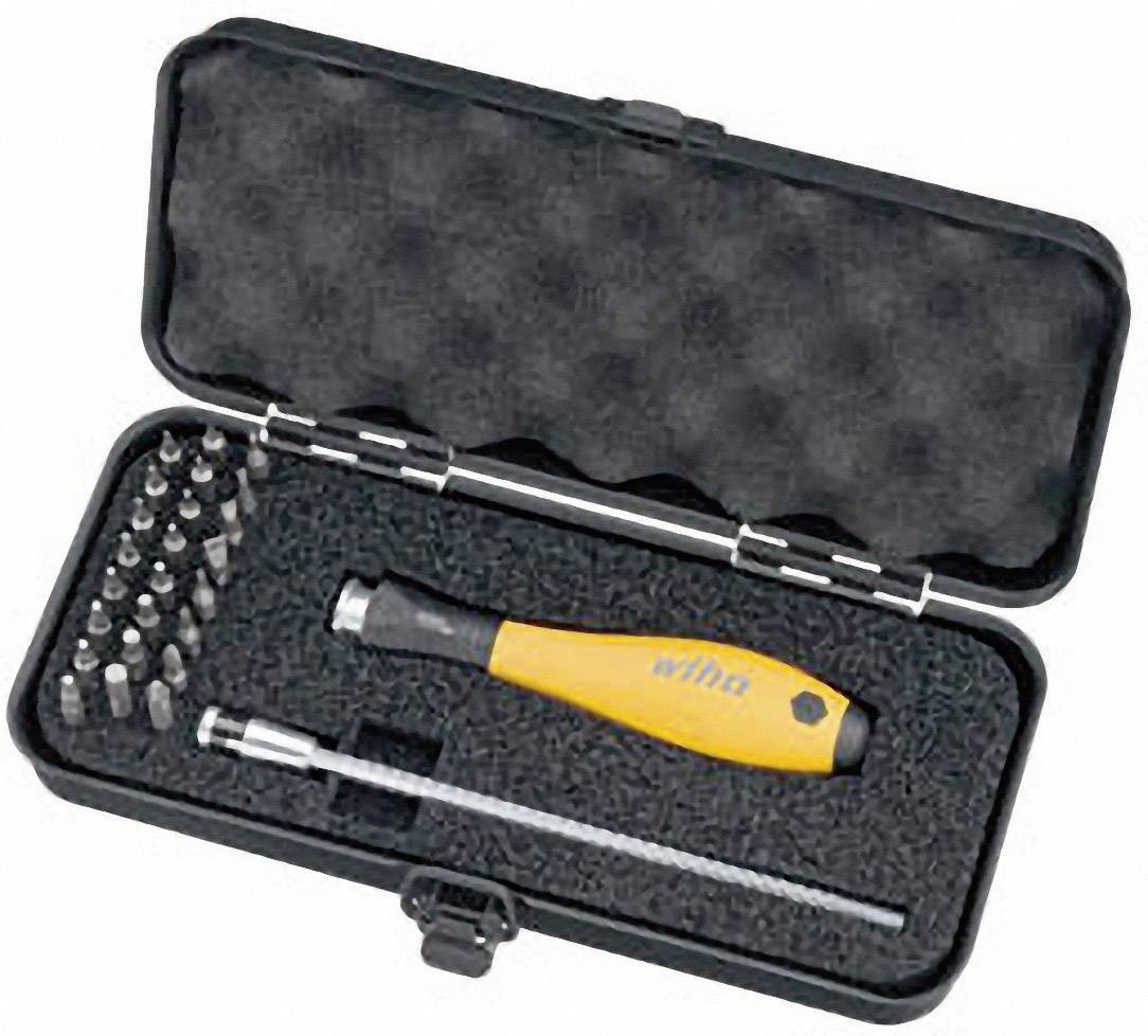 Ensemble d'outils dans un étui ouvert avec un manche de tournevis jaune, plusieurs embouts et une rallonge. Idéal pour les travaux de précision.
