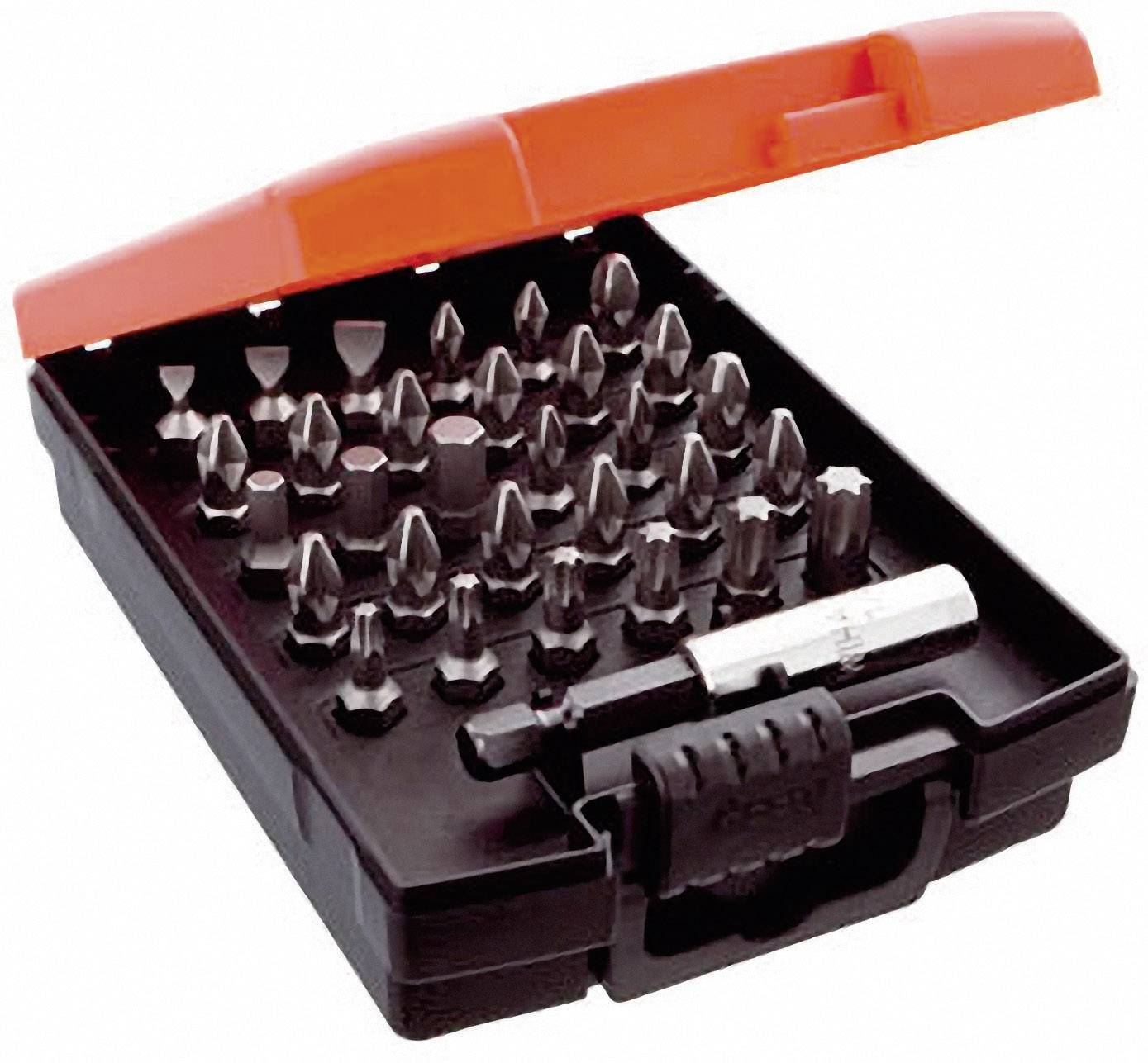 Coffret d'embouts de tournevis comprenant 32 embouts de différentes formes et tailles, rangés dans un boîtier ouvert noir avec un couvercle orange.