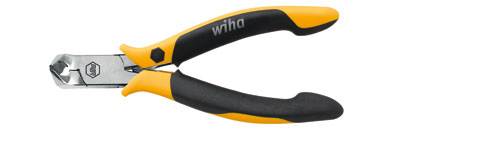 Pince coupante jaune et noire de 'Wiha', adaptée pour couper des câbles ou des fils, sur fond blanc.