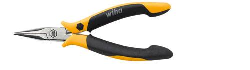Sur l'image se trouve une pince coupante de précision orange et noire de Wiha, adaptée aux travaux précis en électronique ou en mécanique de précision.