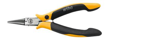 Pince avec poignée jaune et noire, posée horizontalement, avec le logo 'Wiha' visible sur la poignée.