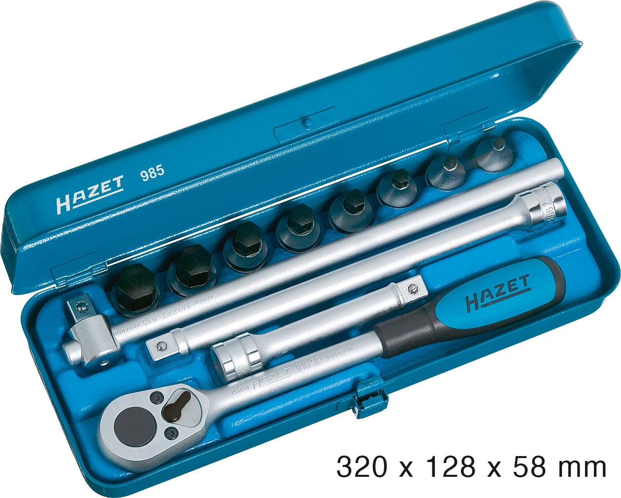 Un coffret à outils Hazet dans un boîtier métallique bleu contenant plusieurs douilles et rallonges à cliquet. Dimensions : 320 x 128 x 58 mm.