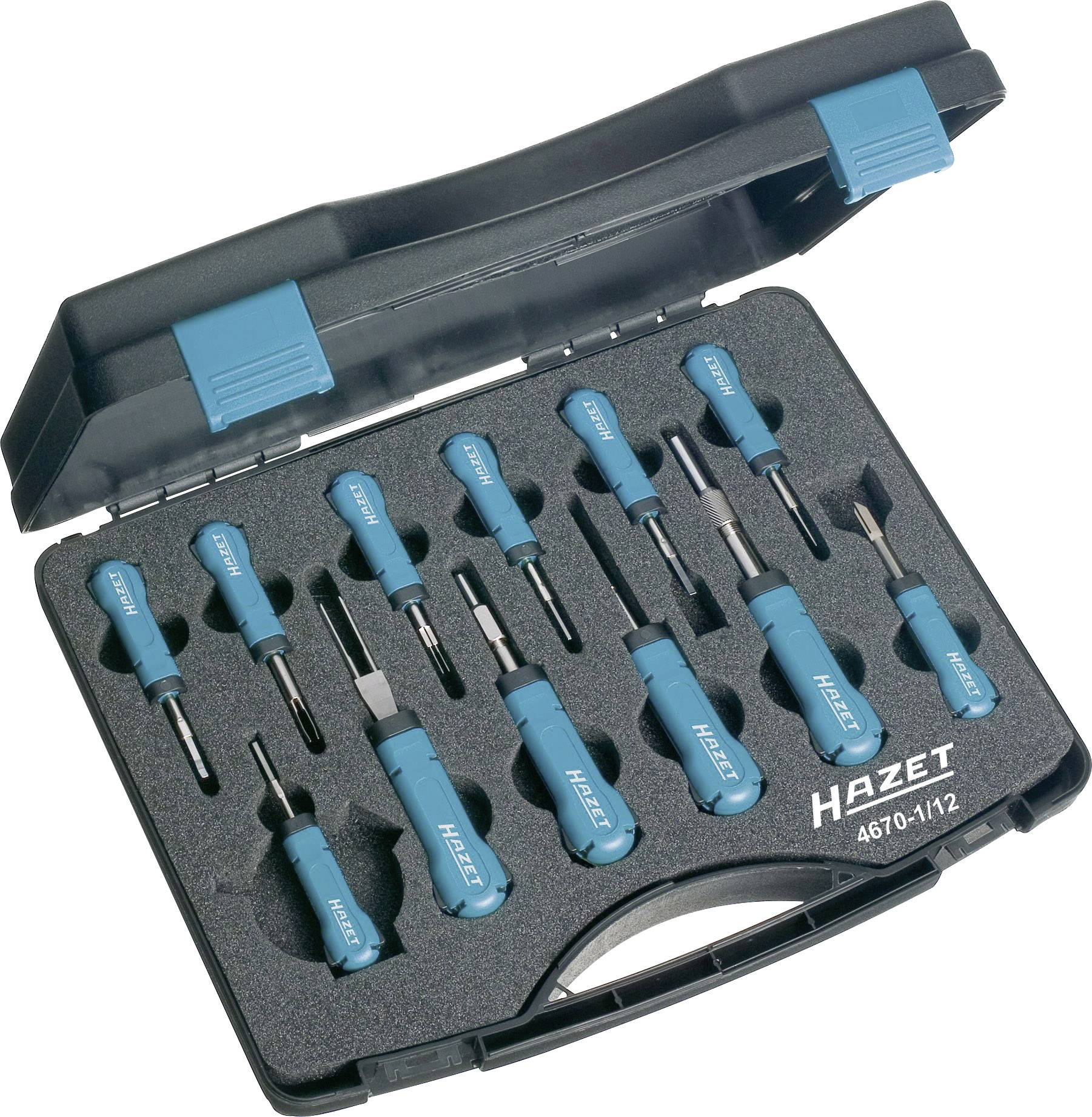 Boîte à outils ouverte contenant 12 tournevis bleus de différentes tailles. Le nom de marque 'Hazet' est visible sur les manches.