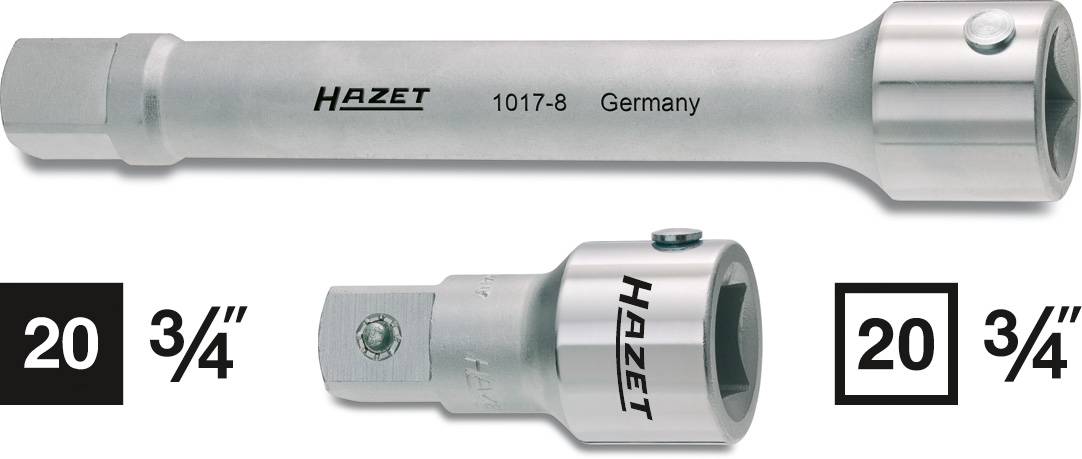 Écrou et rallonge pour jeu de clés à douille, tous deux avec le logo 'Hazet'. Dimension : '3/4 pouce'. Fabriqué en 'Allemagne'.
