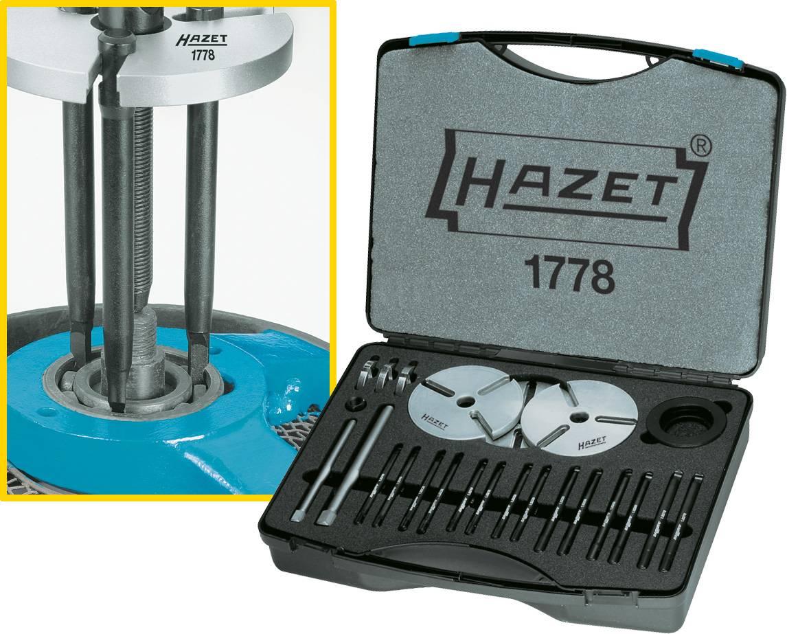 Une mallette à outils portant l'inscription 'Hazet 1778', contenant divers outils et accessoires. À gauche, un gros plan d'un outil en action.