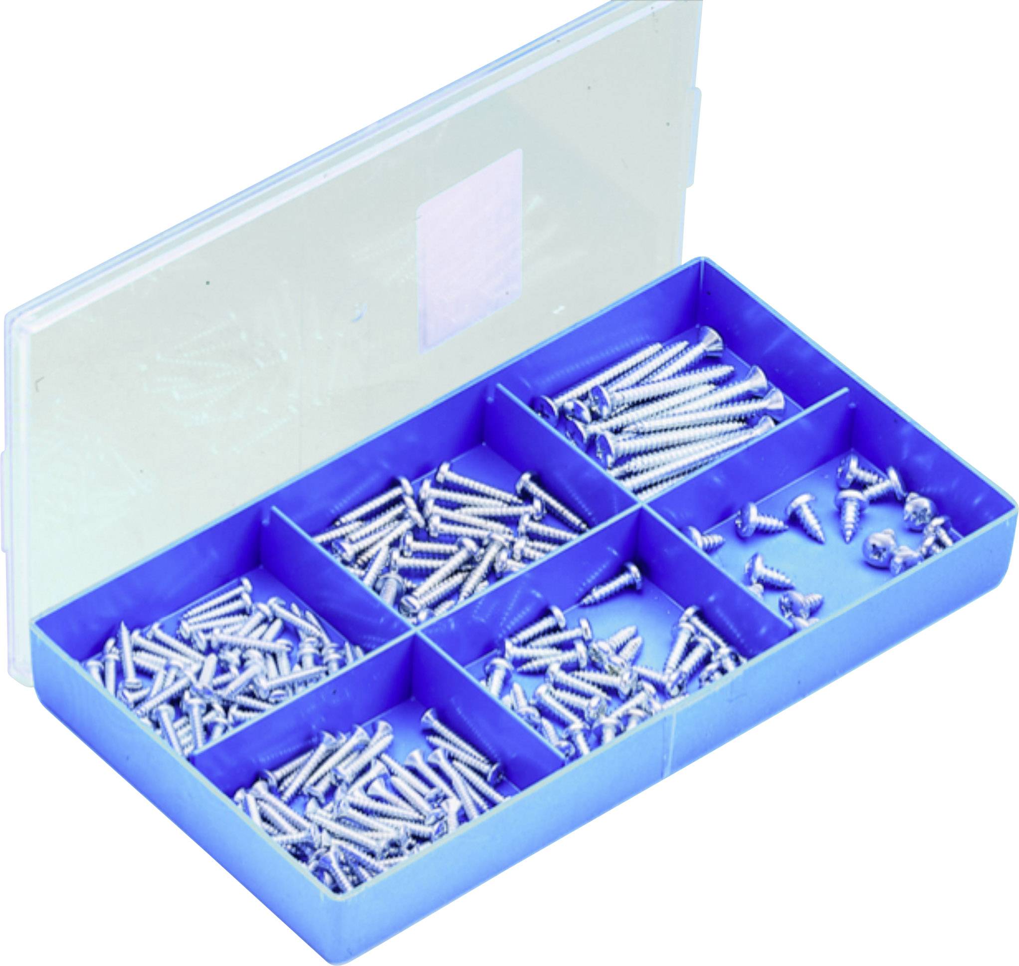 Boîte de rangement bleue avec différents compartiments remplis de vis argentées de tailles et de formes variées.