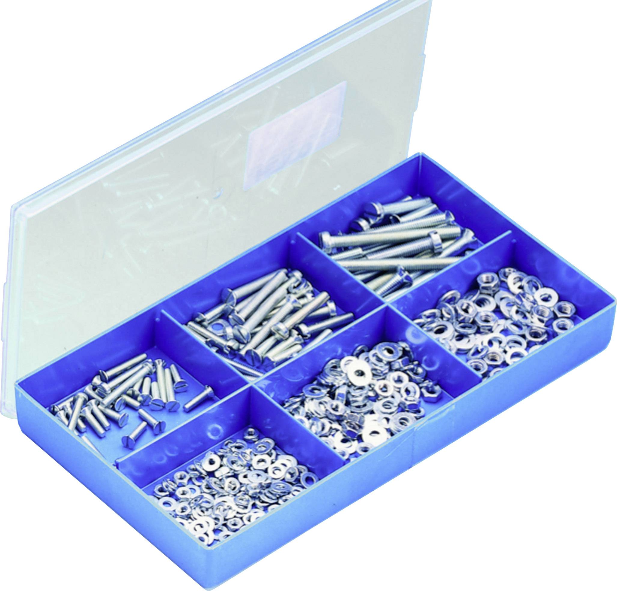 Une boîte en plastique bleu ouverte avec plusieurs compartiments contenant différentes vis et écrous.