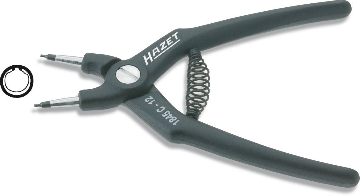Pince à bouts courbés pour l'ouverture et la fermeture des circlips. Mécanisme à ressort pour plus de facilité. Marquée 'Hazet'.