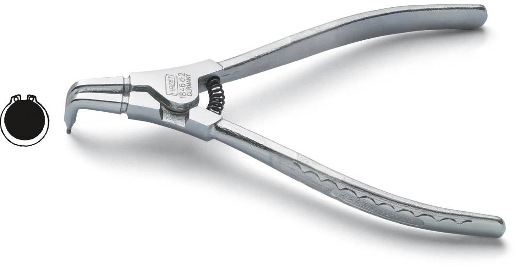 Pince avec deux bras de préhension et mécanisme à ressort, pour retirer ou installer des circlips. Clip noir et circulaire grand à gauche.