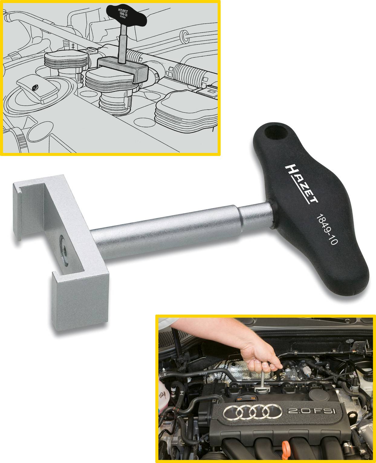 Clé d'outil pour bougie avec poignée en T et adaptateur. L'image du haut montre l'application sur un moteur, l'image du bas présente l'outil en utilisation réelle.