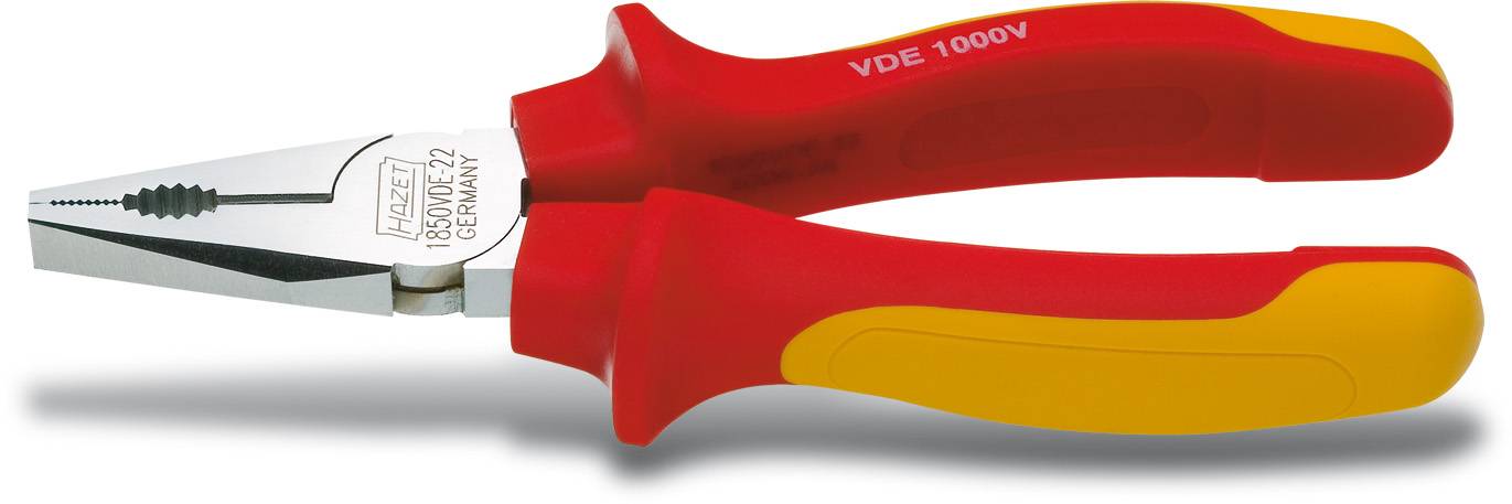 Une pince coupante pointue rouge et jaune avec isolation, portant la mention 'VDE 1000V', adaptée aux travaux sur les installations électriques.