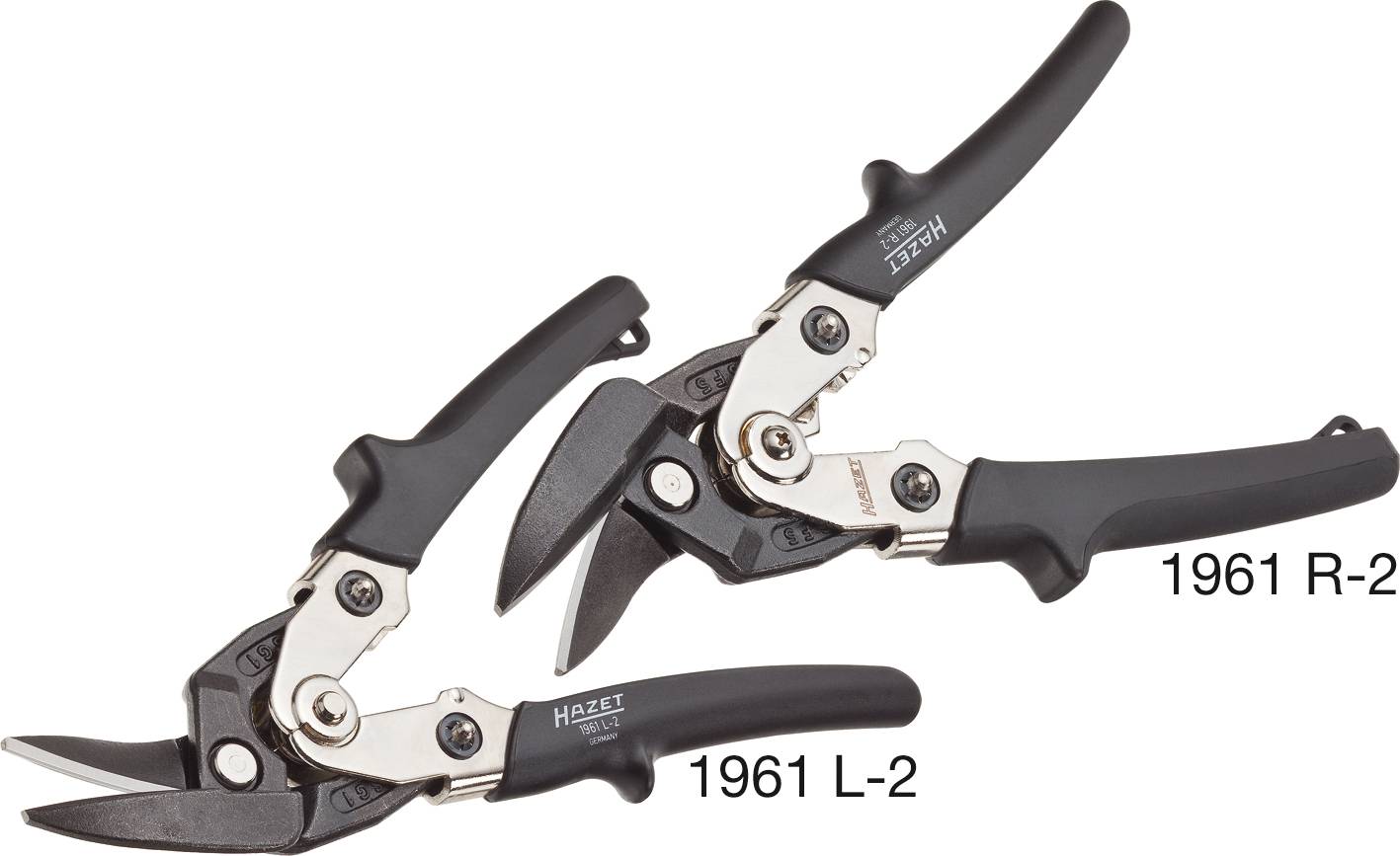 Deux cisailles noires en tôle, vues de profil, une à gauche (1961 L-2) et une à droite (1961 R-2), chacune équipée d'une poignée ergonomique.