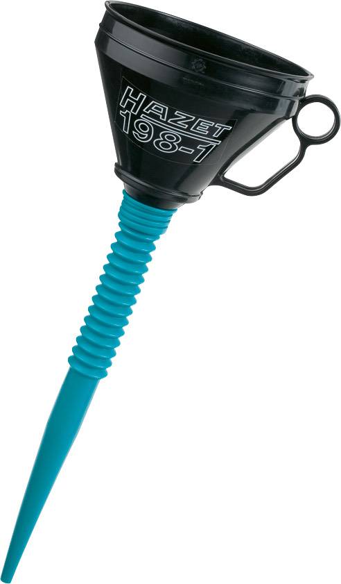 Ensemble d'entonnoirs avec bec flexible, images montrant un entonnoir en cours d'utilisation lors du remplissage d'un moteur, vue détaillée du produit en bleu et noir.