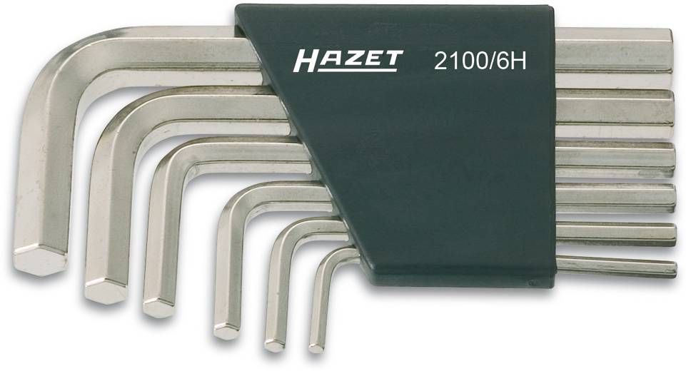 Un ensemble de huit clés hexagonales de différentes tailles, dans un support noir portant l'inscription 'Hazet 2100/6H'.
