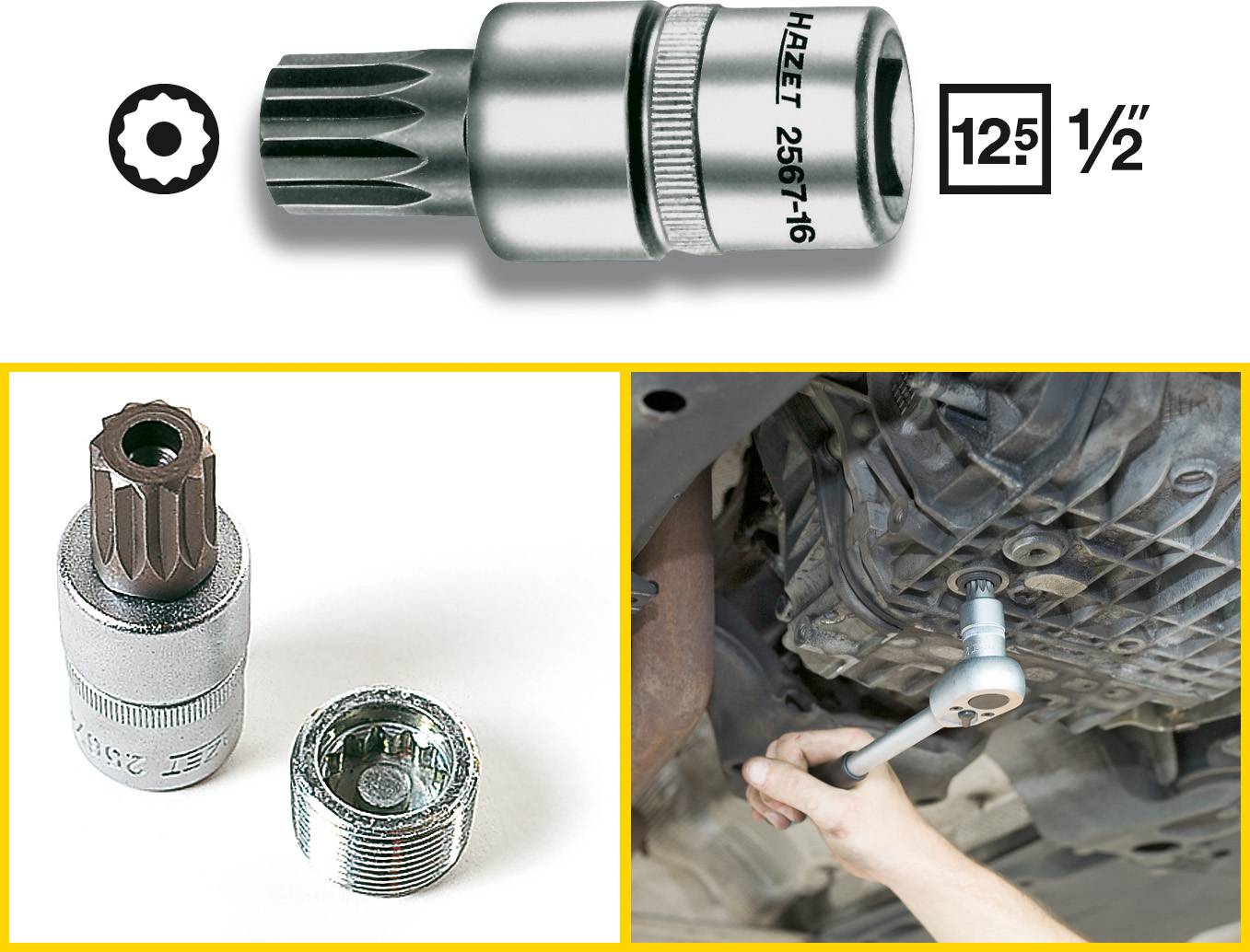 Illustration d'une clé à douille Hazet avec un carré de 12,5 mm (1/2 pouce) et un profil à 16 pans, utilisée pour les travaux sur la boîte de vitesses d'un véhicule.