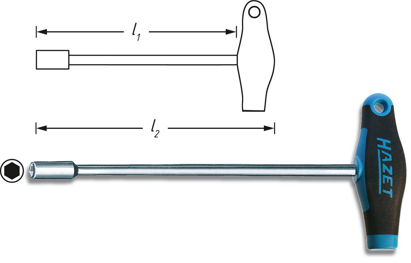 Clé en T Hazet à poignée ergonomique. Le dessin montre les dimensions l₁ et l₂. Adaptée pour les vis à six pans creux internes.