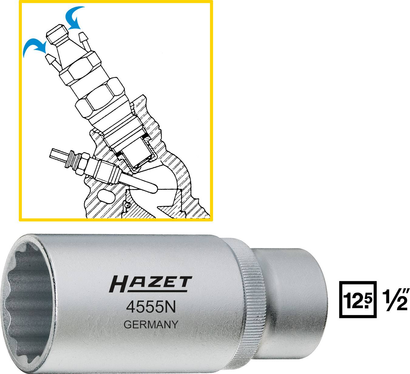Clé à douille HAZET 4555N, ALLEMAGNE avec profil dodécagonal, illustrée en action sur un composant mécanique.