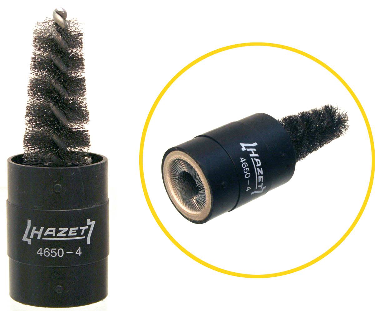 'Hazet 4650-4' : L'image montre un cylindre noir équipé d'une brosse métallique intégrée et portant le logo 'Hazet'. Outil de nettoyage de surfaces.