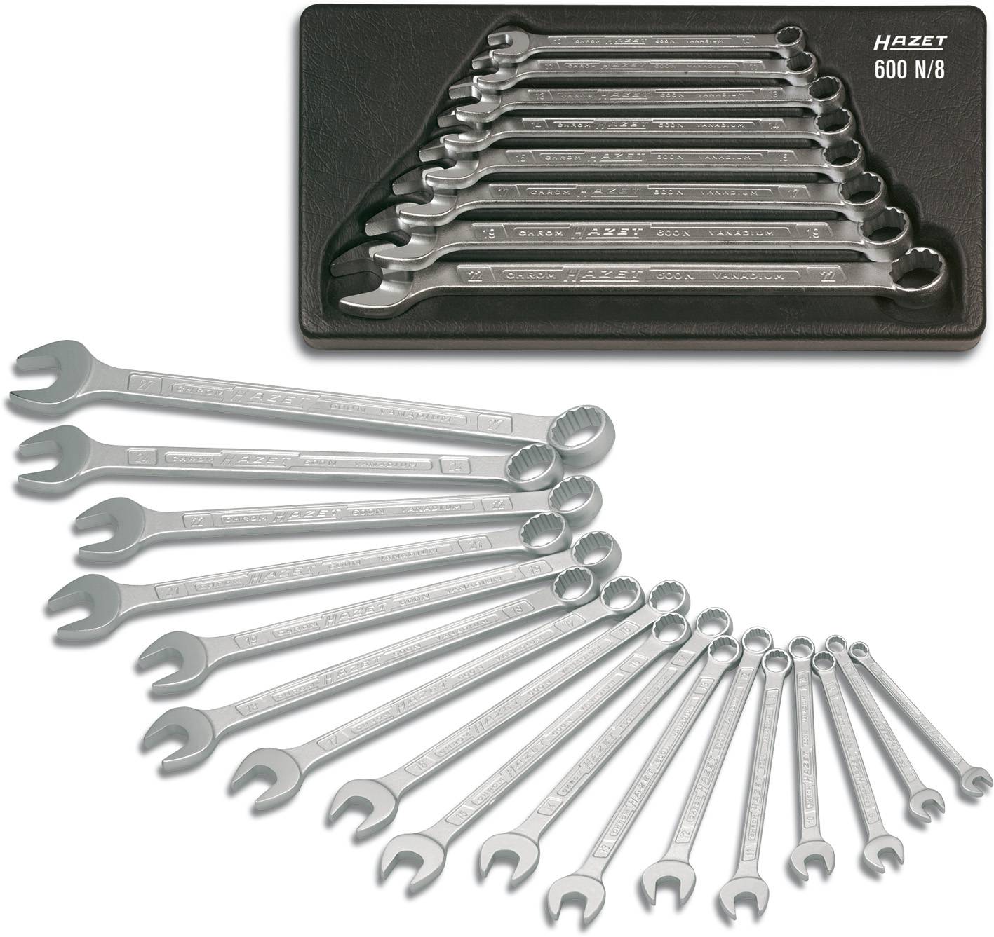 Un jeu de 12 clés à fourche, rangées de la plus grande à la plus petite, dans un étui noir, portant l'inscription 'Hazet 600 N/8'.