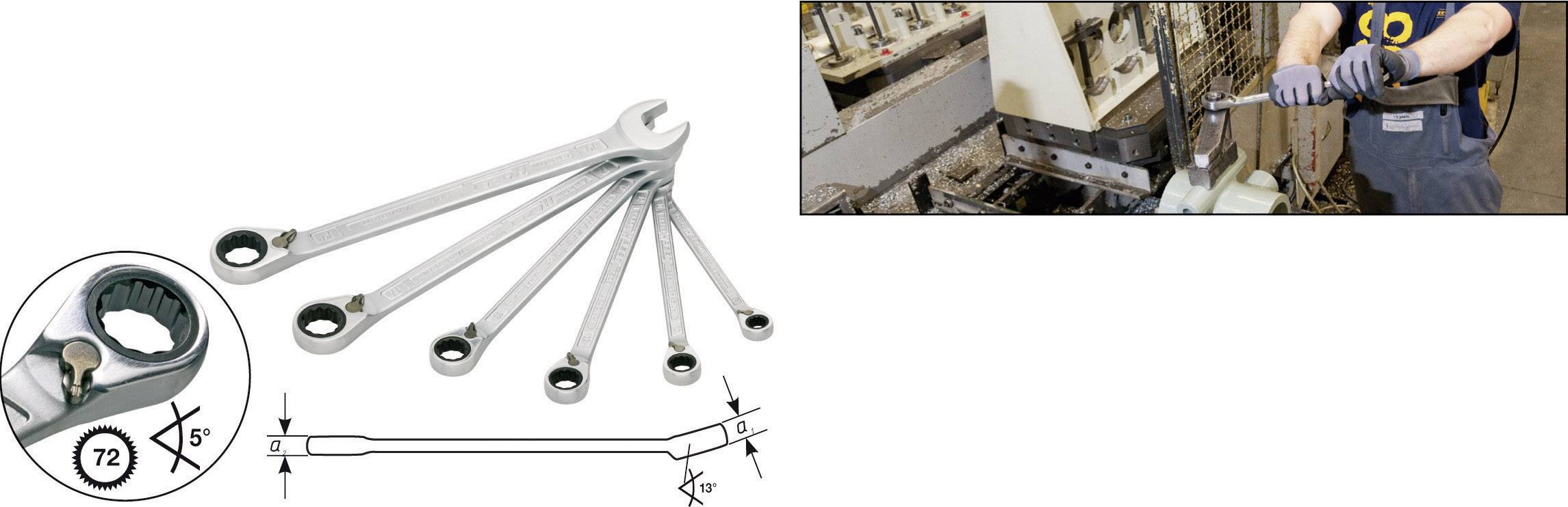 'Jeu de clés à cliquet avec six clés, mécanisme à 72 dents. Un ouvrier utilise l'une des clés sur un composant de machine.'