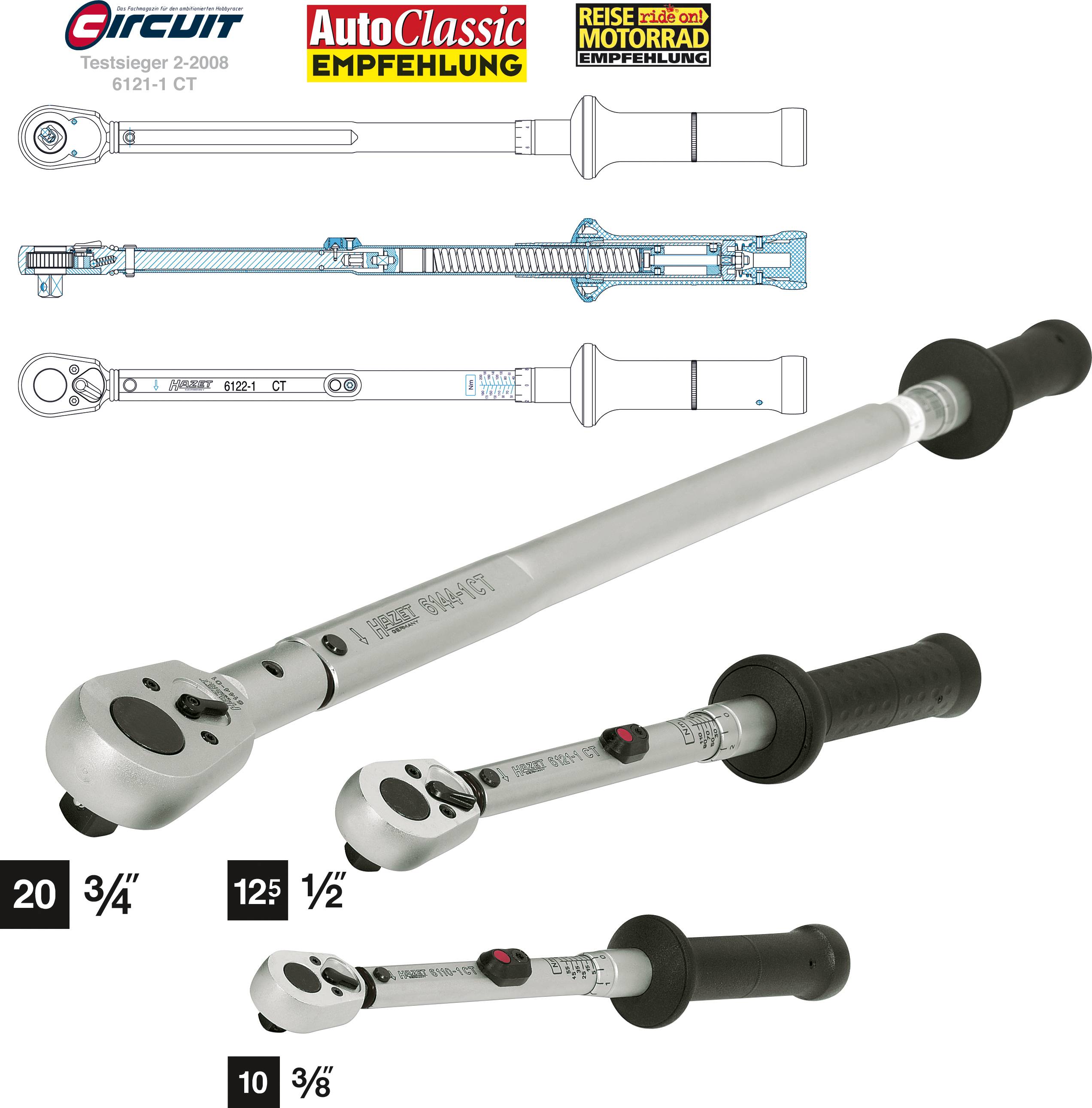 Trois clés dynamométriques de différentes tailles ; images en coupe en haut, photo des outils en bas. Marquages : '20', '125', '10'.