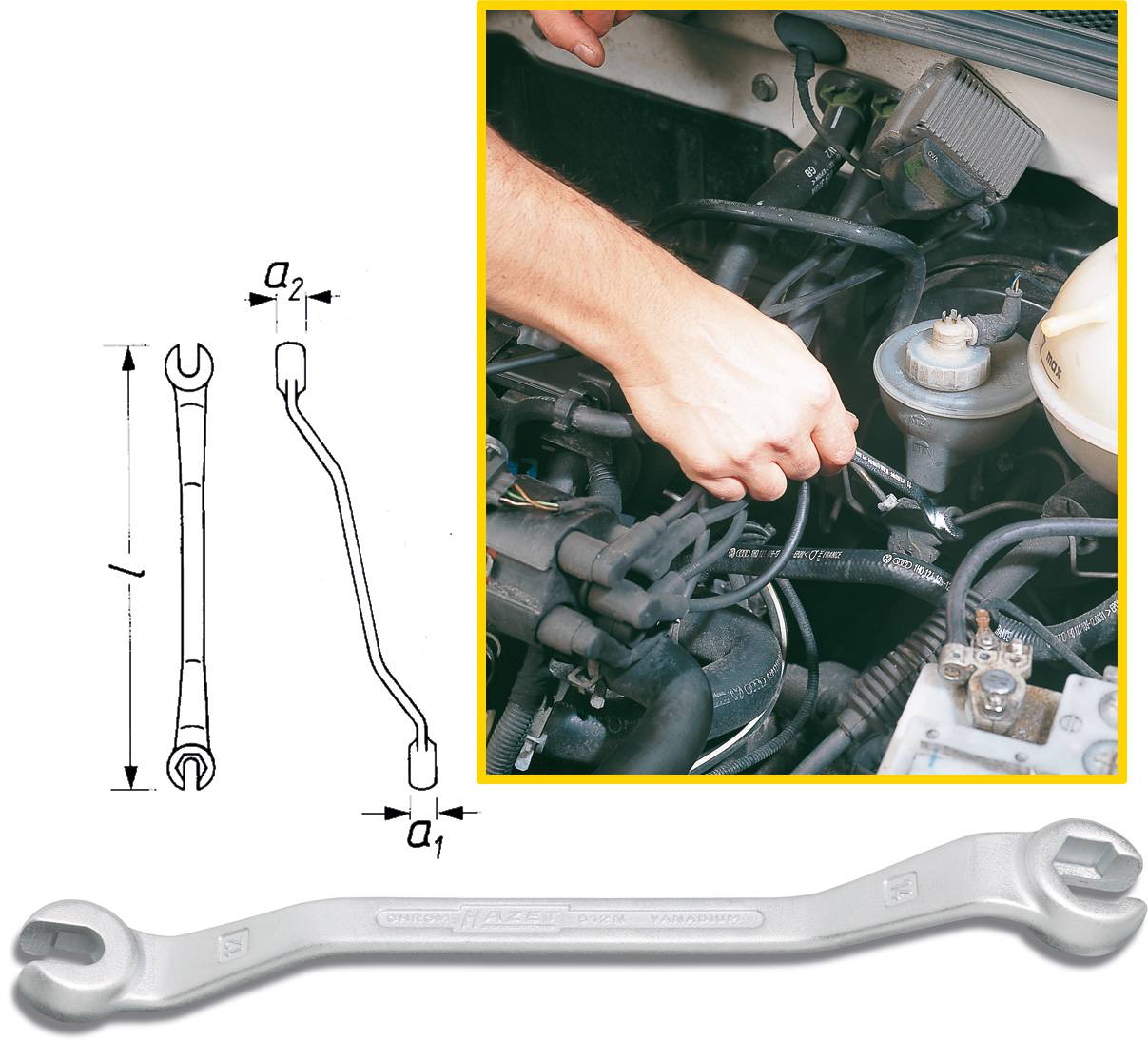 La clé à molette est utilisée pour tourner une vis dans le compartiment moteur d'une voiture. Le dessin montre les dimensions et la forme de l'outil.