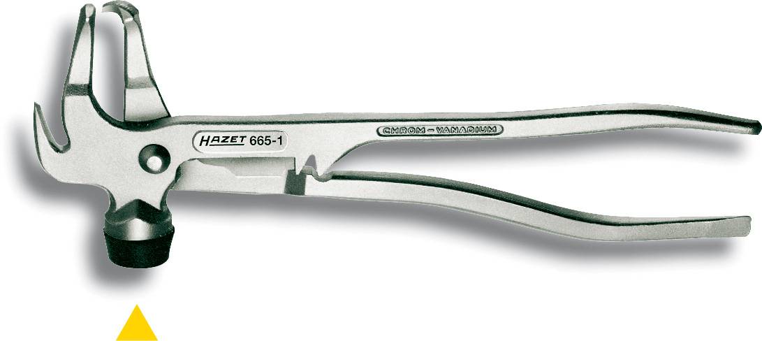 Une pince en argent avec des mâchoires marquées pour la préhension, en position ouverte, adaptée aux travaux manuels, marque 'Hazet 665-1'.
