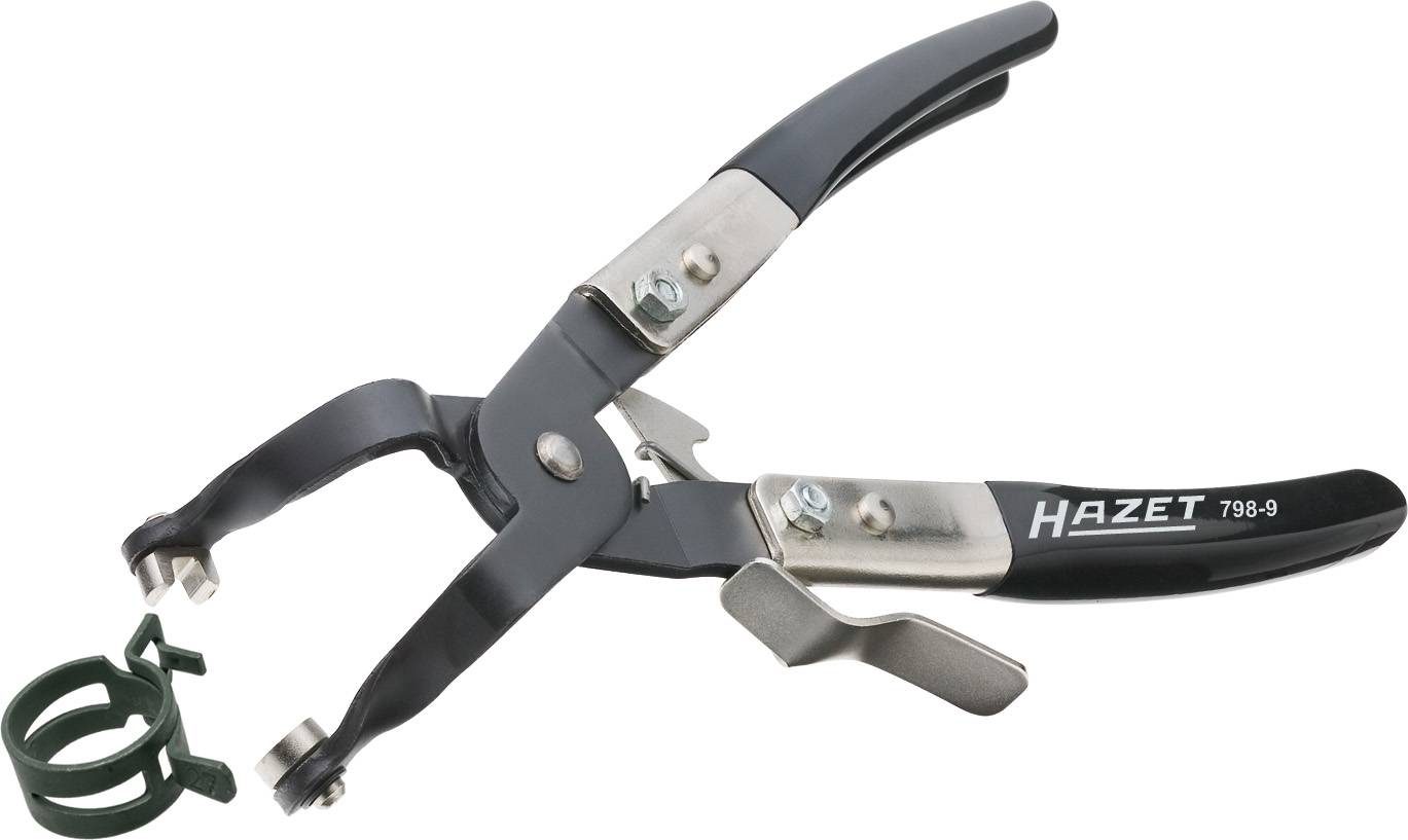 Pince à colliers de serrage Hazet, modèle 798-9, en métal avec poignée noire. Utilisée pour desserrer ou fixer des colliers de tuyau.