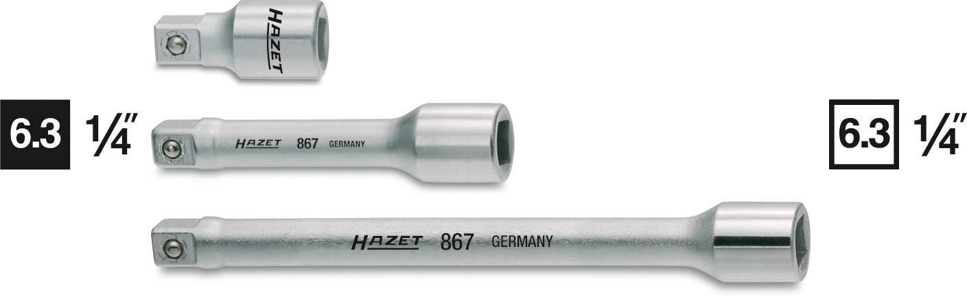 Trois rallonges de différentes longueurs de Hazet portant l'étiquette '6.3 1/4'. Les outils sont argentés et conviennent pour les douilles.
