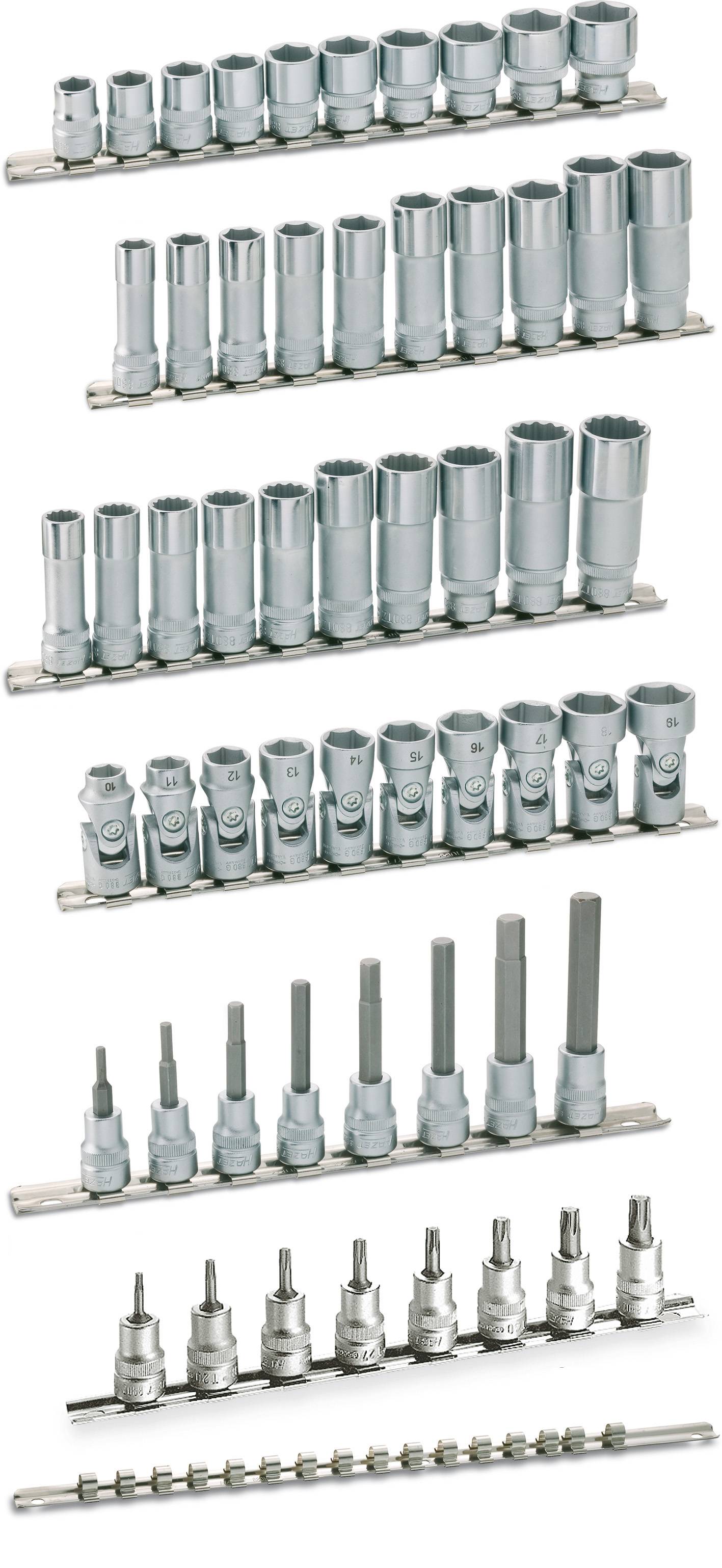 Un ensemble de douilles de clés à ergots de différentes tailles et formes, disposées sur six supports, allant des plus petites aux plus grandes.