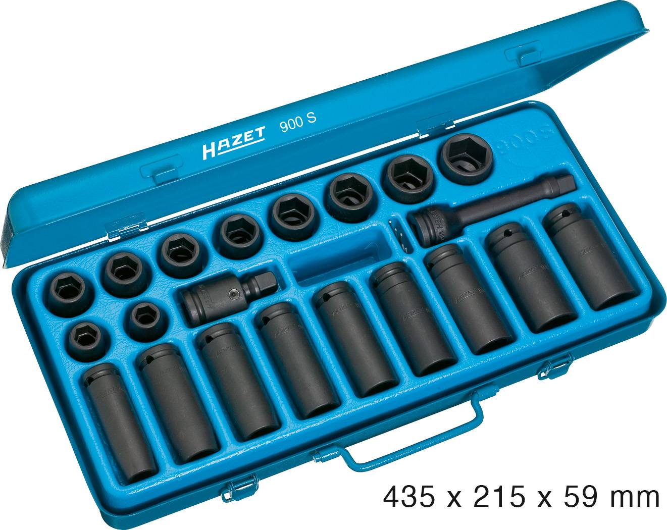 Une boîte à outils bleue ouverte contenant différentes douilles et une rallonge. Dimensions : 435 x 215 x 59 mm.