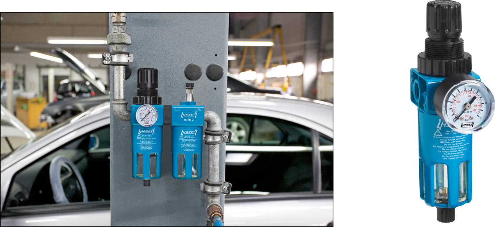 Un régulateur de pression bleu et un manomètre sont montés sur un mur gris dans un atelier automobile. Des voitures sont visibles en arrière-plan.