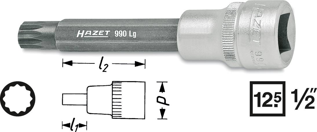 'Image d'un outil HAZET 990 Lg avec connexion de 12,5 1/2 pouce et dessin technique illustrant les dimensions.'
