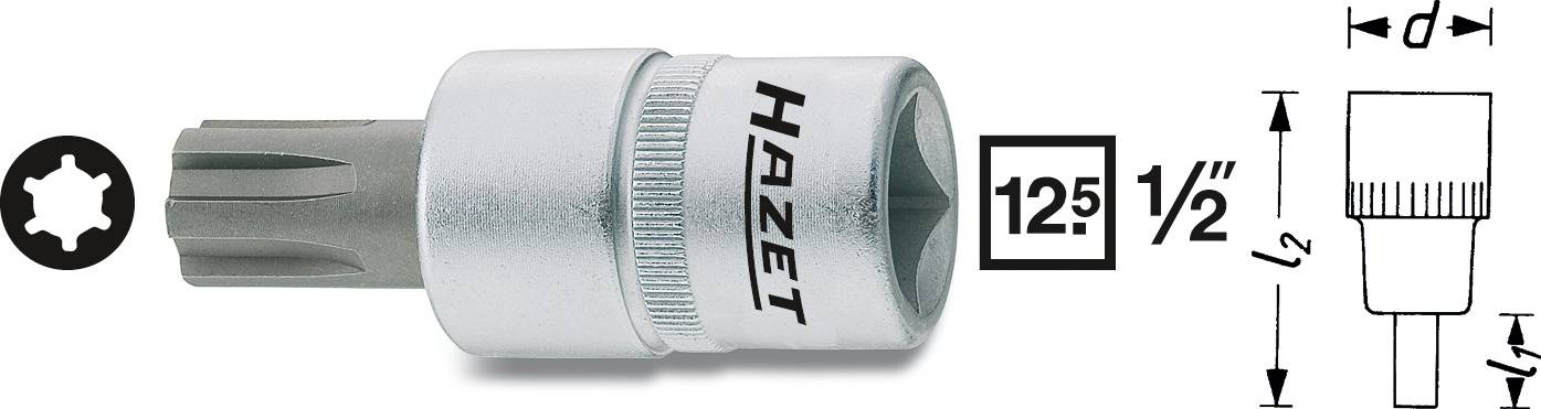 Douille pour vis Torx de 'Hazet', avec indications de tailles 12,5 et 1/2, ainsi que des dessins techniques pour le dimensionnement.
